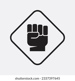 Raised fist, clenched fist icon in black on white square. raised fist, inside square.