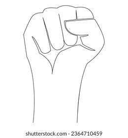 Raised fist continuous line drawn. Linear hand up revolution symbol. Protest sign. Vector illustration isolated on white.