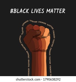 Raised fist in different skin colors on a black background. Black lives matter. Sticker, patch, t-shirt print, logo design. The fight for the human rights.