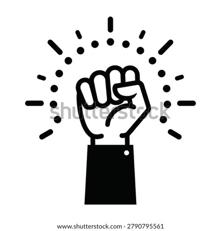 A raised fist with dynamic motion lines conveying a sense of strength, protest, or solidarity in a simple black and white design