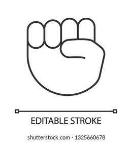 Raised fist emoji linear icon. Thin line illustration. Protest, support hand gesture. Fist pointing up. Contour symbol. Vector isolated outline drawing. Editable stroke