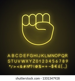 Raised fist emoji neon light icon. Protest, support hand gesture. Fist pointing up. Glowing sign with alphabet, numbers and symbols. Vector isolated illustration