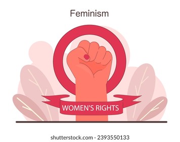 A raised fist enclosed in a circle, symbolizing women's empowerment and fight for their rights, against a backdrop of botanical elements. Women's strength. Advocacy for equality. vector illustration.