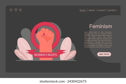 A raised fist enclosed in a circle, symbolizing women's empowerment and fight for their rights dark or night mode web, landing. Women's strength. Advocacy for equality. Flat vector illustration.