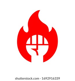 Raised fist with fire logo template, fire flame and clenched hand symbol, revolution sign, willpower icon design