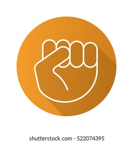 Raised fist gesture. Flat linear long shadow icon. Squeezed hand. Vector line symbol