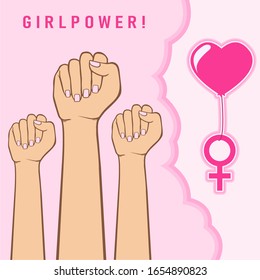 Raised fist of girl power. Female symbol and Heart balloon isolated on pink background. feminism background vector illustration.