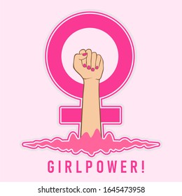Raised fist of girl power. A woman hand on a pink background and inscription Girl power. vector illustration.