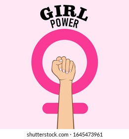 Raised fist of girl power. A woman hand on a pink background and inscription Girl power. vector illustration.