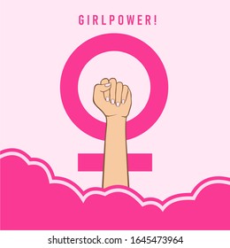 Raised fist of girl power. A woman hand on a pink background and inscription Girl power. vector illustration.