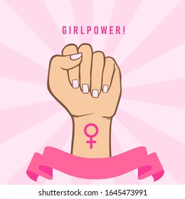 Raised Fist Of Girl Power. A Woman Hand On A Pink Background And Inscription Girl Power. Vector Illustration.