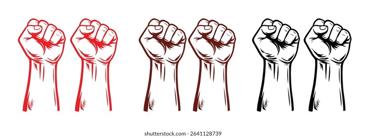 Raised fist graphic design elements in red, black and brown