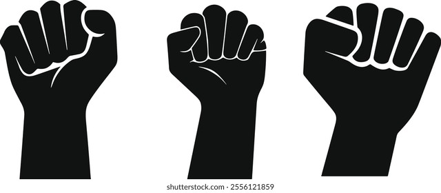 Raised fist hand of crowd protester in flat icon set.