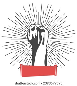 Raised fist hand gesture emblem. Vector hand clenched into fist and rising up, symbol isolated on white background. Power sign. Human hand up in the air