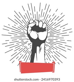 Raised fist hand gesture emblem. Vector hand clenched into fist and rising up, symbol isolated on white background. Power sign. Human hand up in the air