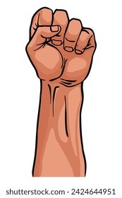 Raised fist hand gesture emblem. Vector hand clenched into fist and rising up, symbol isolated on white background. Power sign. Human hand up in the air