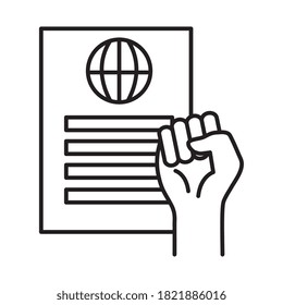 raised fist hand with human rights document line style icon design, Manifestation and protest theme Vector illustration