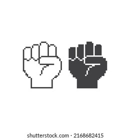 Raised fist hand power. Pixel art line icon vector icon illustration