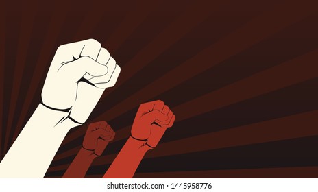 Raised fist hand protest in flat icon design on red ray color background