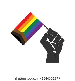 Raised Fist Holding Pride Flag. Vector Illustration. Pride Month Symbol Isolated on White Background