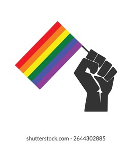 Raised Fist Holding Pride Flag. Vector Illustration. Pride Month Symbol Isolated on White Background