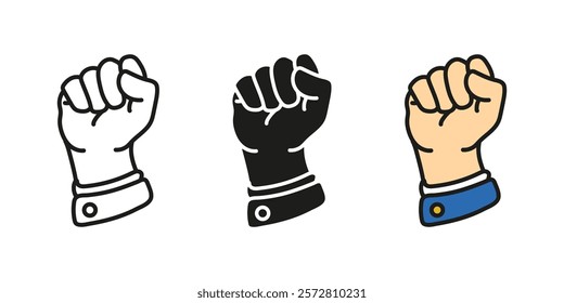 Raised fist icon. Human hand gesture. Strong arm vector illustration. Revolution, rebellion, resistance and demonstration concept. Rising fist symbol. Strength pictogram. Equality rights sign.