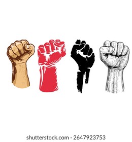 Raised fist icon set in different colors and styles. Symbol of strength, protest, unity, revolution, and solidarity.