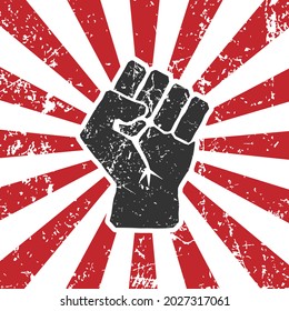 Raised fist icon symbol shape. Justice, revolution, protest logo sign. Vector illustration image. Isolated on white backround. Sunburst background.
