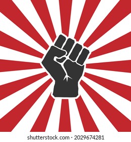 Raised fist icon symbol shape. Justice, revolution, protest logo sign. Vector illustration image. Isolated on white backround. Sunburst background.