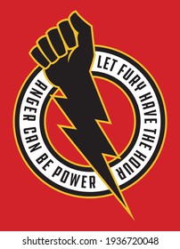 Raised fist lightning bolt anger protest badge.
Vector illustration shows clenched fist combined with lightning bolt for powerful symbol of anger and protest.