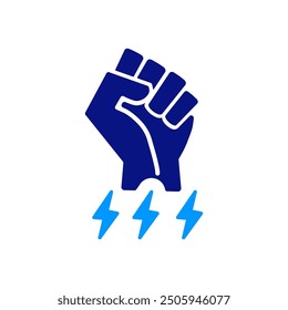 Puño levantado con rayos, poder, fuerza, colores azul y azul claro, resistencia, activismo, protesta, imágenes llamativas, diseño minimalista, energía, movimiento social dinámico, impactante.