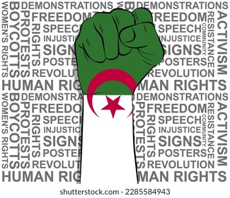 Raised fist on Algeria flag, political news banner, victory or win concept, Algeria protest public outrage idea, freedom symbol, punch up, struggle for human rights