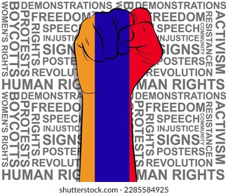 Raised fist on Armenia flag, political news banner, victory or win concept, Armenia protest public outrage idea, freedom symbol, punch up, struggle for human rights