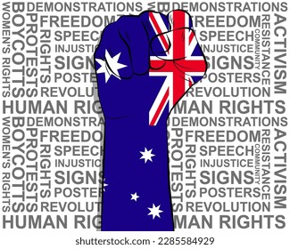 Raised fist on Australia flag, political news banner, victory or win concept, Australia protest public outrage idea, freedom symbol, punch up, struggle for human rights