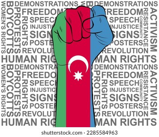 Raised fist on Azerbaijan flag, political news banner, victory or win concept, Azerbaijan protest public outrage idea, freedom symbol, punch up, struggle for human rights