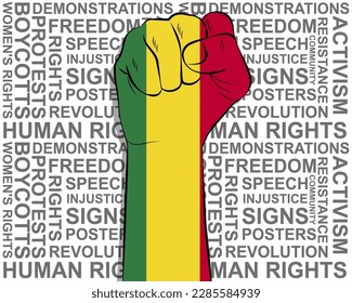 Raised fist on Bolivia flag, political news banner, victory or win concept, Bolivia protest public outrage idea, freedom symbol, punch up, struggle for human rights