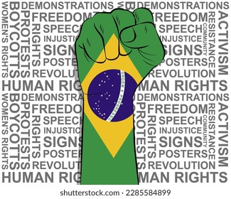 Raised fist on Brazil flag, political news banner, victory or win concept, Brazil protest public outrage idea, freedom symbol, punch up, struggle for human rights