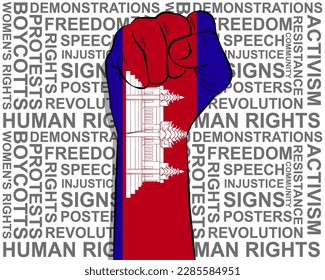 Raised fist on Cambodia flag, political news banner, victory or win concept, Cambodia protest public outrage idea, freedom symbol, punch up, struggle for human rights