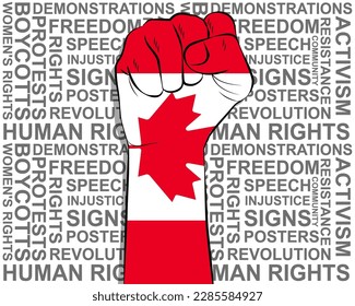 Raised fist on Canada flag, political news banner, victory or win concept, Canada protest public outrage idea, freedom symbol, punch up, struggle for human rights