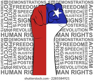 Raised fist on Chile flag, political news banner, victory or win concept, Chile protest public outrage idea, freedom symbol, punch up, struggle for human rights