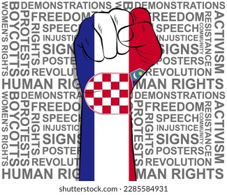 Raised fist on Croatia flag, political news banner, victory or win concept, Croatia protest public outrage idea, freedom symbol, punch up, struggle for human rights