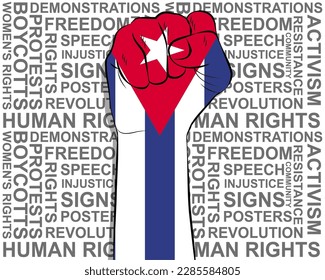 Raised fist on Cuba flag, political news banner, victory or win concept, Cuba protest public outrage idea, freedom symbol, punch up, struggle for human rights