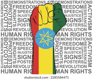 Raised fist on Ethiopia flag, political news banner, victory or win concept, Ethiopia protest public outrage idea, freedom symbol, punch up, struggle for human rights