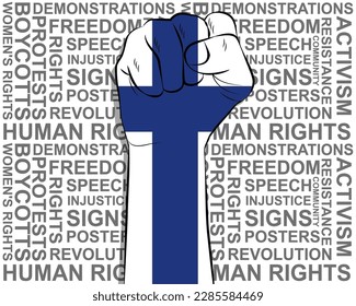Raised fist on Finland flag, political news banner, victory or win concept, Finland protest public outrage idea, freedom symbol, punch up, struggle for human rights