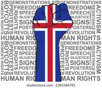 Raised fist on Iceland flag, political news banner, victory or win concept, Iceland protest public outrage idea, freedom symbol, punch up, struggle for human rights