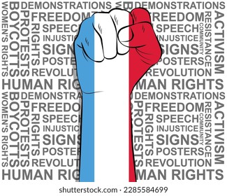 Raised fist on Luxembourg flag, political news banner, victory or win concept, Luxembourg protest public outrage idea, freedom symbol, punch up, struggle for human rights
