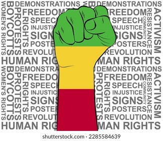 Raised fist on Mali flag, political news banner, victory or win concept, Mali protest public outrage idea, freedom symbol, punch up, struggle for human rights