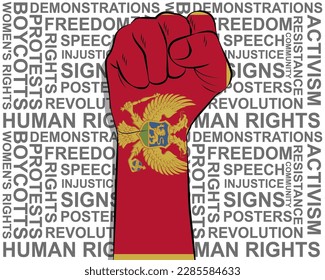 Raised fist on Montenegro flag, political news banner, victory or win concept, Montenegro protest public outrage idea, freedom symbol, punch up, struggle for human rights