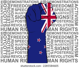 Raised fist on New Zealand flag, political news banner, victory or win concept, New Zealand protest public outrage idea, freedom symbol, punch up, struggle for human rights