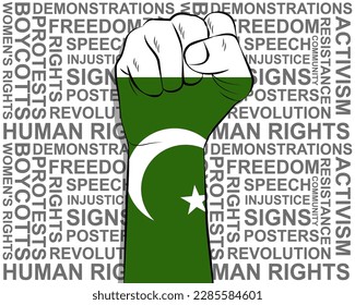 Raised fist on Pakistan flag, political news banner, victory or win concept, Pakistan protest public outrage idea, freedom symbol, punch up, struggle for human rights